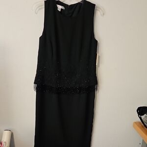 Chic Black Sleeveless Midi Dress with Fringe Detail